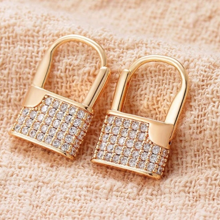 Gold Plated Cz Padlock Hoop Earrings Unique Huggies